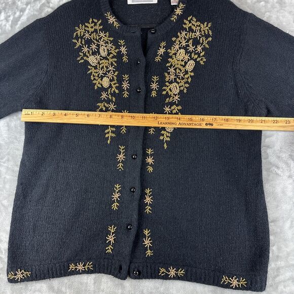 Karen Scott Silk Angora Cardigan Sweater Womens L Black Gold Bead Holiday (1052) - Picture 10 of 11